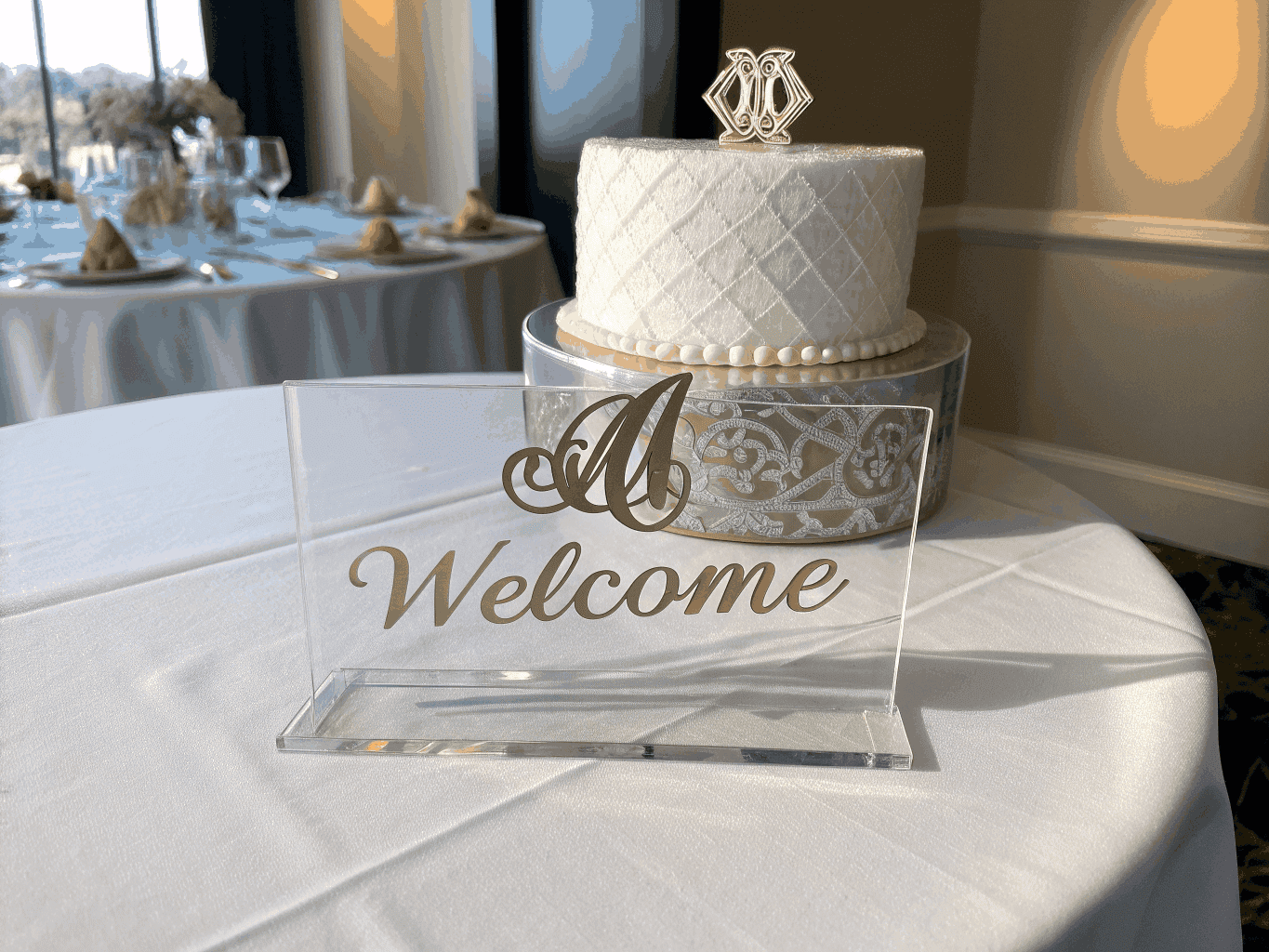 Elegant laser engraved acrylic wedding welcome sign and celebration décor